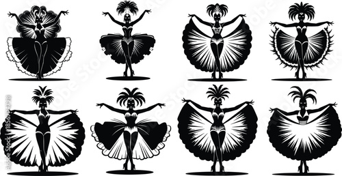 Showgirl silhouette icon set, feathered costume dancer poses, cabaret fashion vector, stage art, cad drawing flat vector illustration