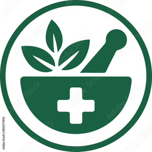 Green mortar and pestle with leaves and cross