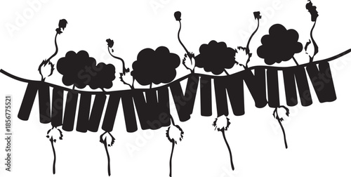 Black silhouette of a clothesline with hanging laundry and decorative elements