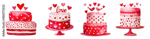Set of hand-painted red watercolor cake with hearts