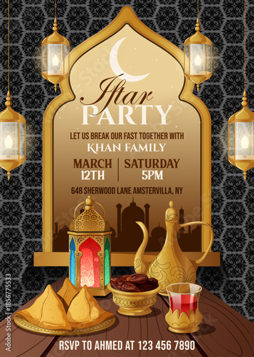Editable Iftar Party Invitation A4 Template with Traditional Ramadan Food Table, Hanging Lanterns, and Golden Dallah. Islamic Event Flyer Vector Illustration with Dates, Samosas, and Drink