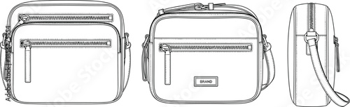 Crossbody bag technical drawing, front and side views, zipper compartments, strap detail, product blueprint, cad drawing flat vector illustration