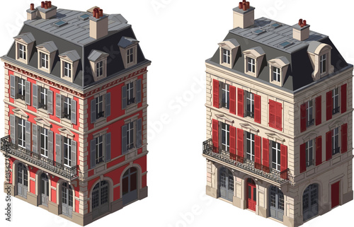 Isometric European architecture, classic urban buildings, mansard roof, dormer windows, wrought iron balconies, vector cityscape, old town, cad drawing flat vector illustration