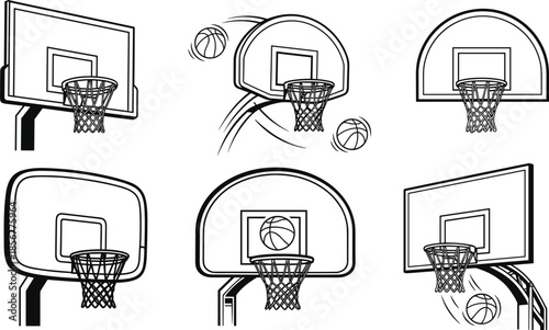 Basketball hoop vector, backboard design, ball in motion, sports illustration, flat drawing, dynamic layout, black and white, CAD style