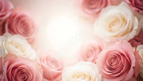 Fresh pink and white roses arranged in soft light background  