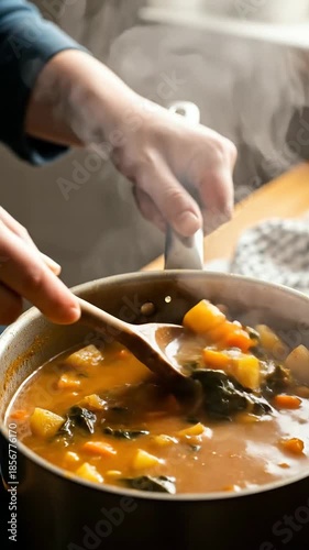 Hands Stirring Steaming Homemade Vegetable Soup in a Pot, a Warm and Comforting Meal Cooking on the Stove for a Cozy Day