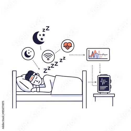 A person sleeps, tracked by a sleep monitor. Icons show data
