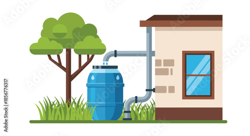 Rainwater harvesting system with a rain barrel collecting water from a house's downspout for sustainable gardening.