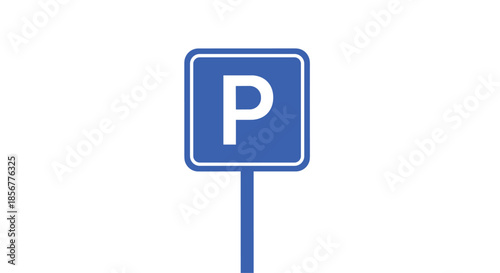Blue and white square parking sign with the letter 'P' mounted on a pole, isolated on a plain white background.