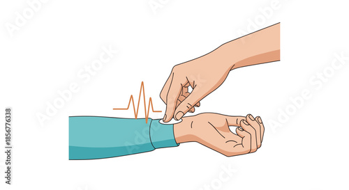 Doctor or nurse checking a patient's pulse on their wrist, with a heartbeat line graphic indicating a steady rhythm.