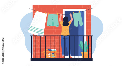 Woman hanging laundry to dry on a clothesline on the balcony of her apartment building on a sunny day.