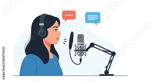 Young woman with headphones speaking into a professional microphone, recording a podcast or broadcasting a radio show.