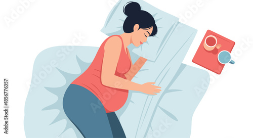Pregnant woman sleeping on her side in bed with a tray of tea nearby, illustrating the importance of rest during pregnancy.