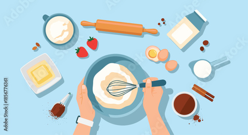 Top-down view of hands whisking batter in a bowl, surrounded by baking ingredients like flour, eggs, milk, and strawberries.