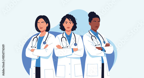 Team of three confident and diverse female doctors standing together with their arms crossed, representing women in medicine.