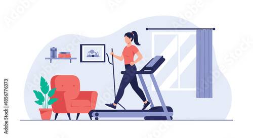 Woman exercising at home on an elliptical trainer in her living room, maintaining a healthy and active fitness routine.