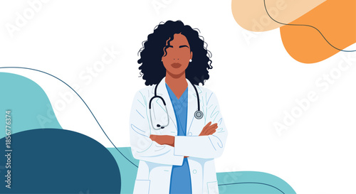 Confident African American female doctor in a white lab coat with a stethoscope, standing with her arms crossed.