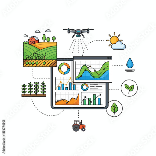 Diagram showing agricultural technology, including drone, barn, charts, weather, & tractor