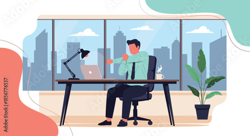 Businessman taking a short break to stretch his arms while working at his desk in a modern office with a city skyline view.