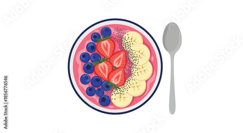 Delicious and healthy smoothie bowl from an overhead perspective, topped with fresh strawberries, blueberries, and bananas.