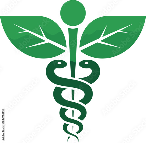 Green caduceus symbol with leaves and snakes medical symbol