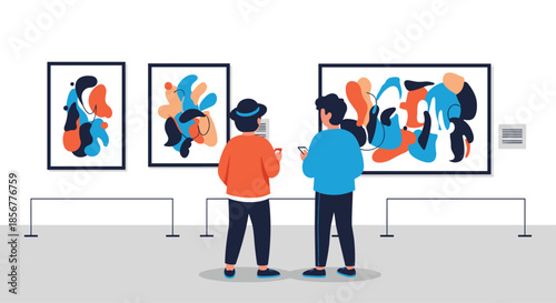 Two young people visiting a contemporary art gallery and admiring colorful abstract paintings hanging on the white walls.