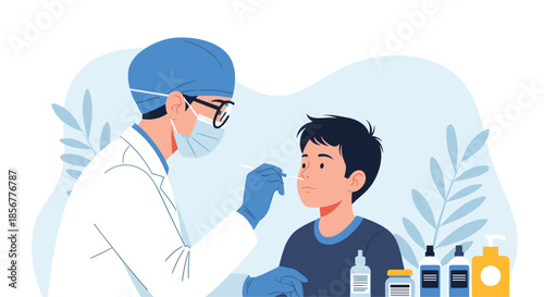 Medical professional wearing a face mask and gloves taking a nasal swab sample from a young boy for a PCR covid test.