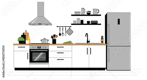 Clean and modern kitchen interior design with white cabinets, a refrigerator, an oven, and various cooking utensils.
