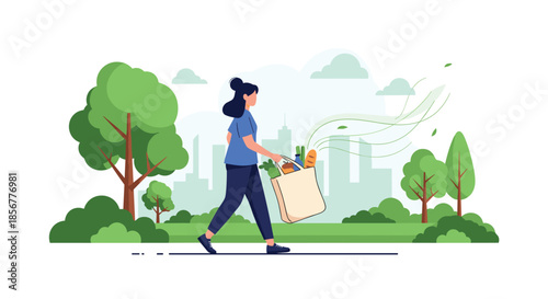 Young woman promoting a sustainable lifestyle by walking through a city park carrying groceries in a reusable tote bag.