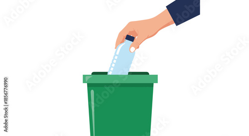 Person's hand responsibly disposing of a plastic bottle into a green recycling bin to help protect the environment.