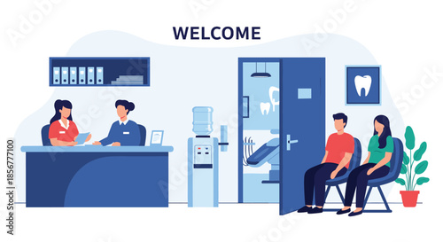 Patients sitting in the waiting area of a modern dental clinic, with receptionists welcoming them at the front desk.