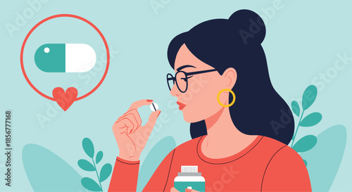 Young woman with glasses taking a pill or vitamin supplement for her health, with a capsule and heart icon nearby.