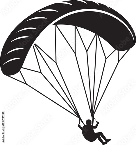 paragliding silhouette graphic. Perfect for adventure sports branding, outdoor recreation designs, and extreme skydiving logos. High-quality black and white vector.