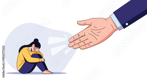 Large, supportive hand reaching out to help a sad and depressed woman who is sitting curled up on the floor alone.