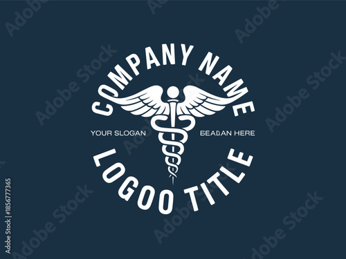 White medical caduceus on dark blue background with sample text