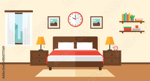 Cozy and simple bedroom interior with a double bed, nightstands with lamps, a window, and shelves with books and plants.