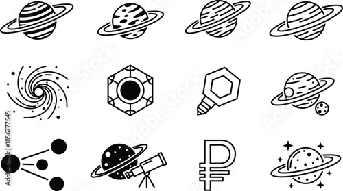 Minimal Space Icon Set Featuring Saturn Planets, Galaxy, Telescope and Abstract Symbols in Clean Line Style for Astronomy and Modern Graphic Design