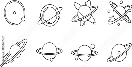 Minimal Saturn Planet Line Icon Set with Atomic Orbit Styles Showing Ringed Space Symbols for Astronomy, Science and Modern Graphic Design