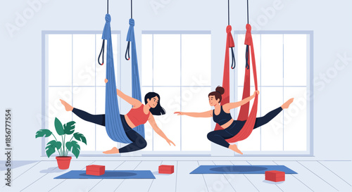 Two women enjoying an aerial yoga class, gracefully stretching and balancing in colorful hammocks in a bright studio.