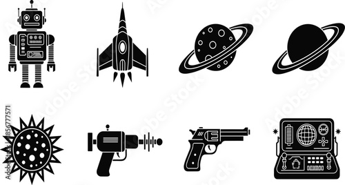 Retro Sci Fi Space Icon Set with Robot, Rocket, Planets, Sun, Ray Guns and Futuristic Computer in Black Silhouette Style