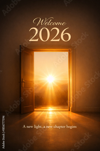 Welcome 2026 Open Door with Sunrise Symbolizing New Beginnings and Hope