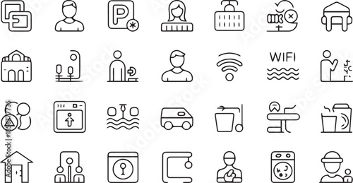 Clean black service and utility icon set representing people transport and technology systems