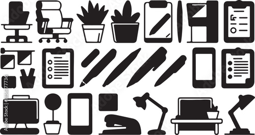 Modern black office workspace icon set showing furniture equipment and supplies for business design