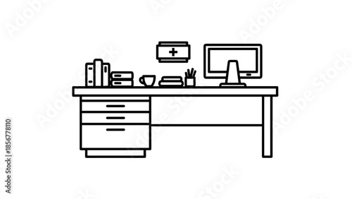 Simple Line Drawing of Office Desk Setup.