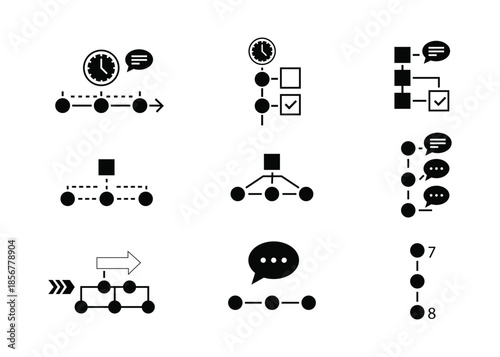 A collection of various icons representing communication, timelines, and decision making in a minimalist style