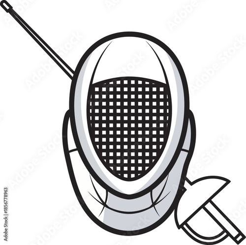 Professional fencing vector featuring a detailed protective mesh mask and a single foil. High-quality sports graphic ideal for fencing club logos, tournament branding, and athletic gear design.