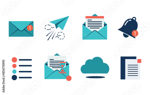 A collection of colorful email and notification icons representing digital communication and organization