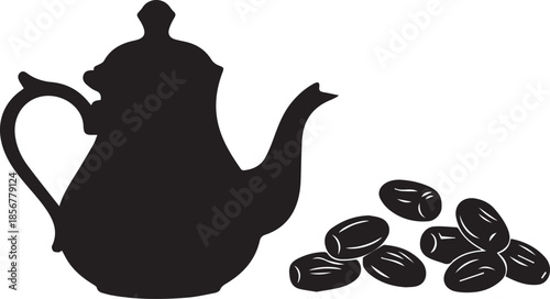 Black silhouette of a teapot beside a pile of coffee beans