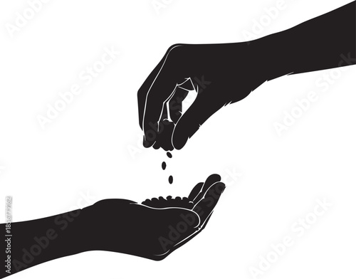 Silhouette of hands giving and receiving small seeds or grains