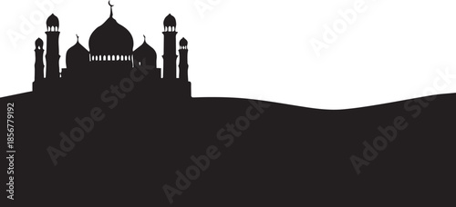 Silhouette of a grand mosque with domes and minarets against a white background